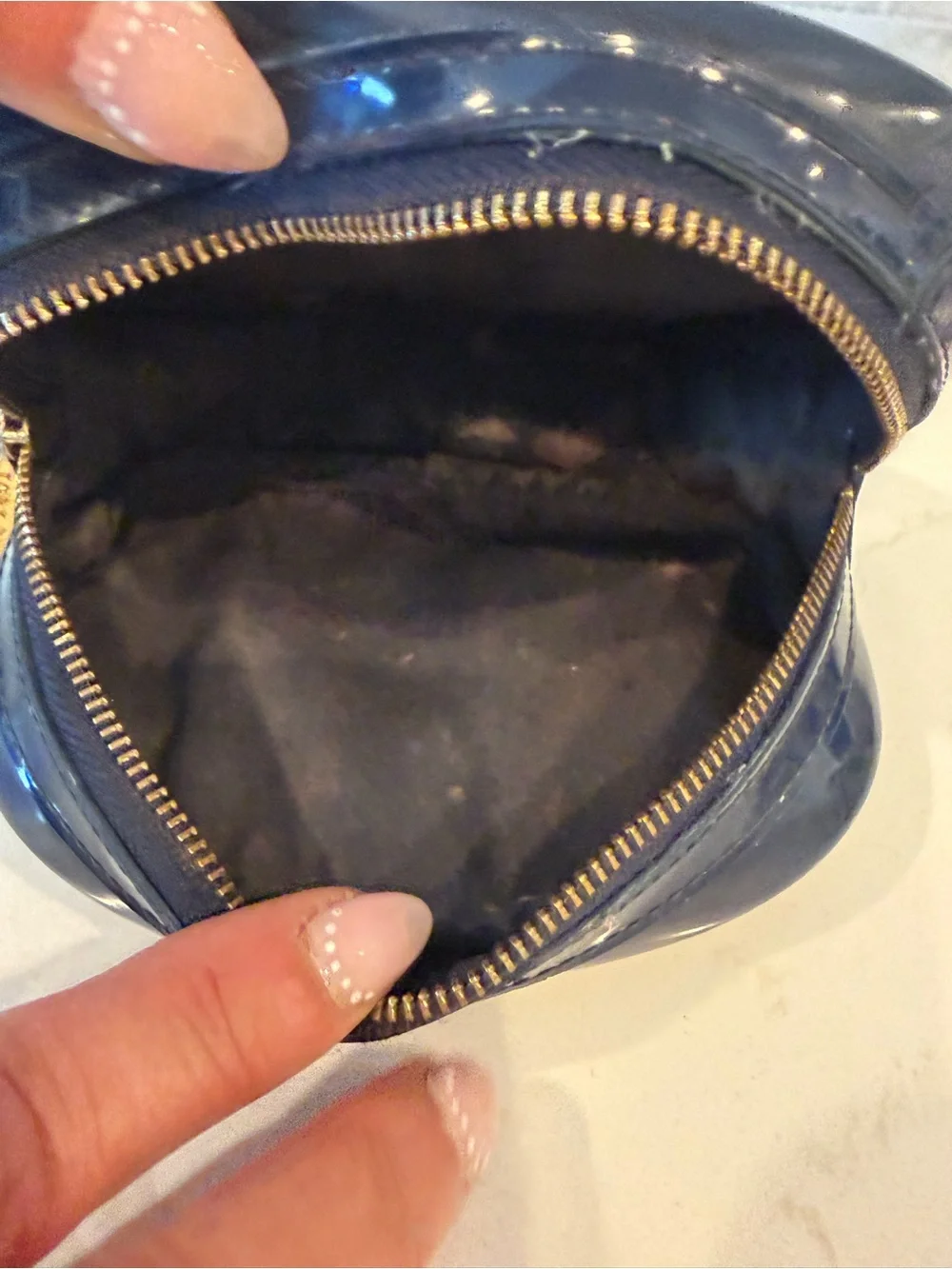 Tory Burch Glossy Navy Toiletry Bag Make Up bag with Gold Logo Accent